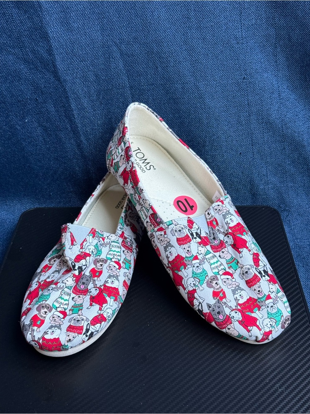 Size 10 - TOMS Alpargata Holiday Christmas Dogs Canvas Slip On Flats NWT